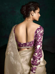 Stunning Beige Zari Embroidered Silk Traditional Saree With Blouse