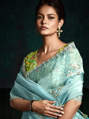 Attractive Sky-Blue Embroidered Tissue Silk Engagement Wear Saree