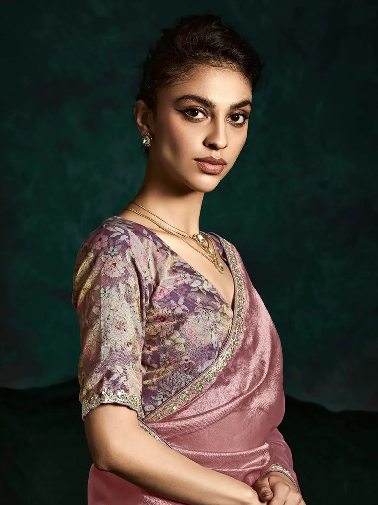 Enchanting Pink Tissue Silk Engagement Wear Saree With Blouse