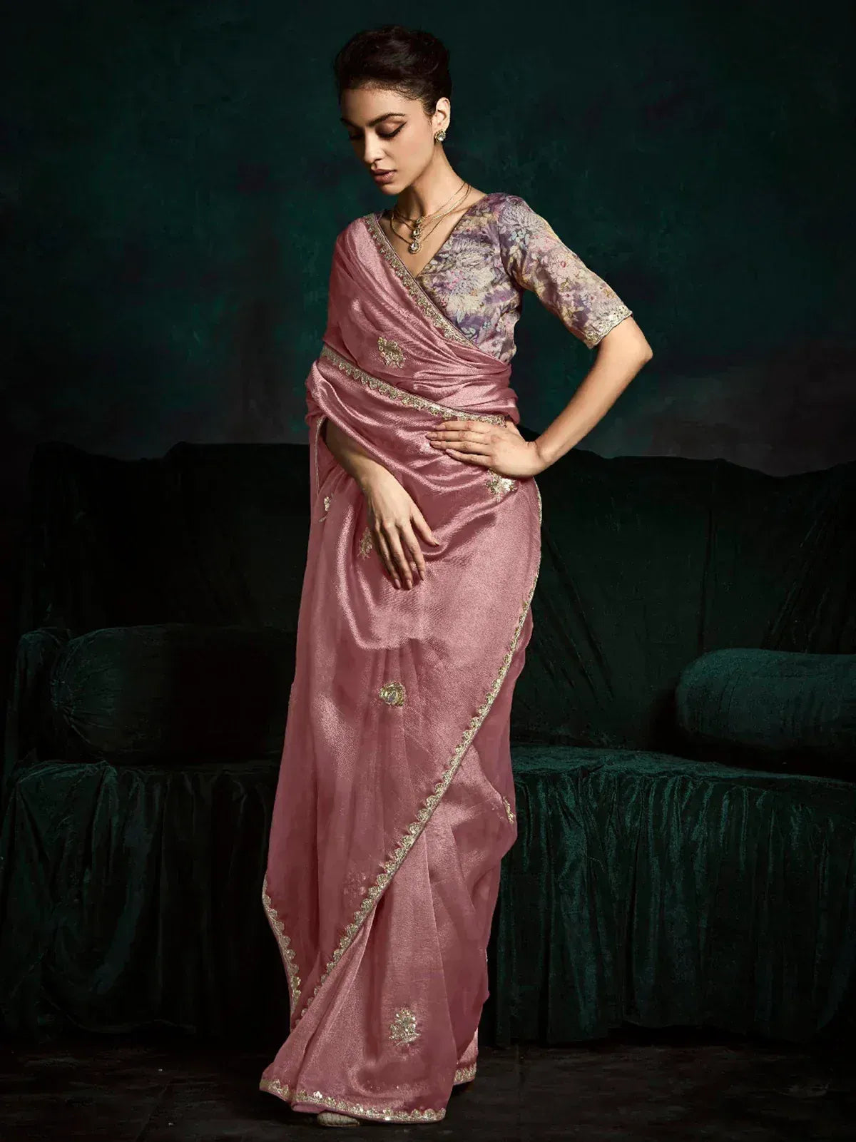 Enchanting Pink Tissue Silk Engagement Wear Saree With Blouse
