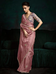 Enchanting Pink Tissue Silk Engagement Wear Saree With Blouse