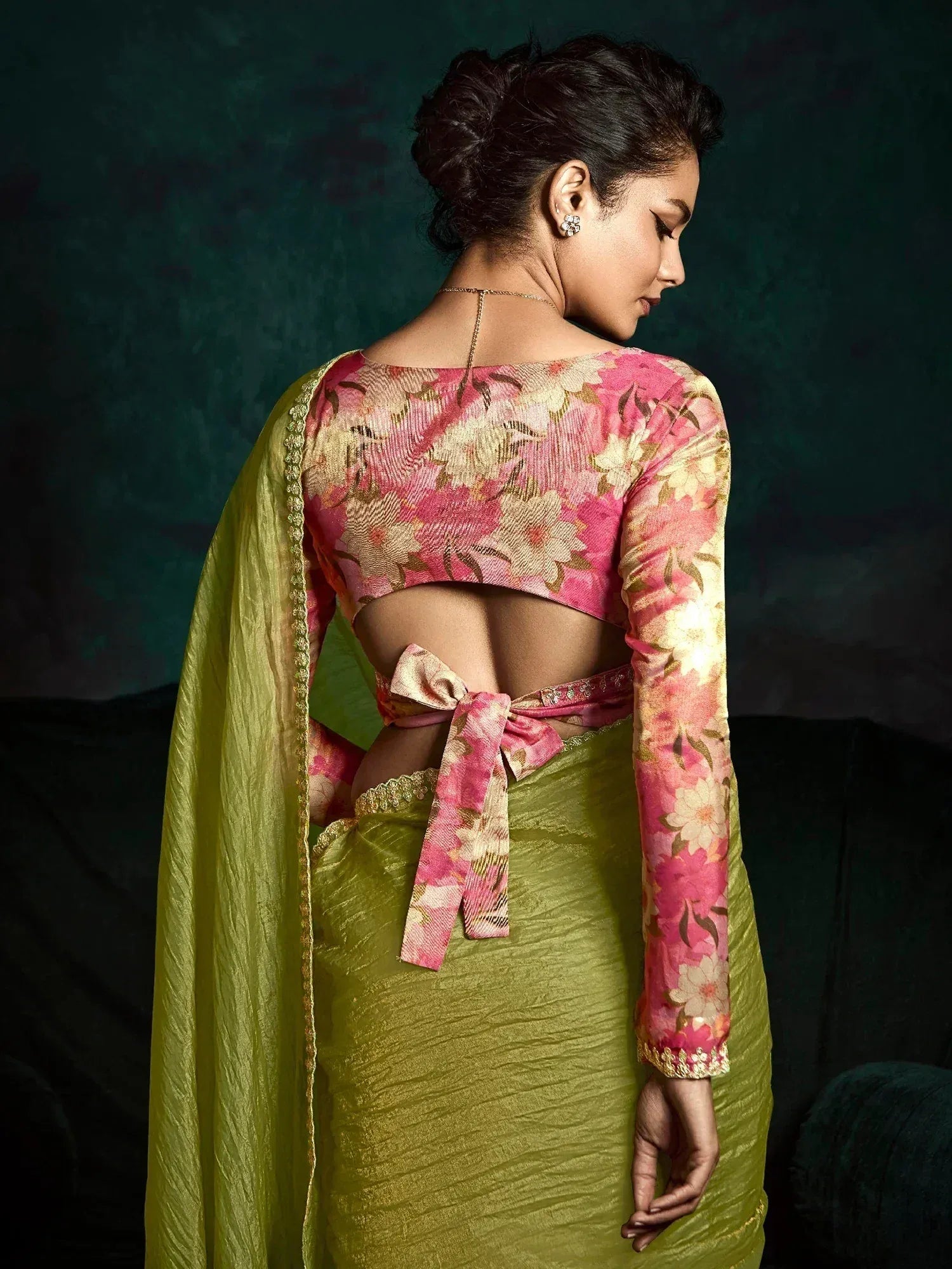 Pink floral blouse with back tie paired with green saree, ethnic Indian wear