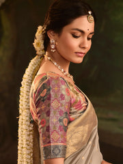 Marvelous Grey Zari Weaving Silk Festival Wear Saree With Blouse