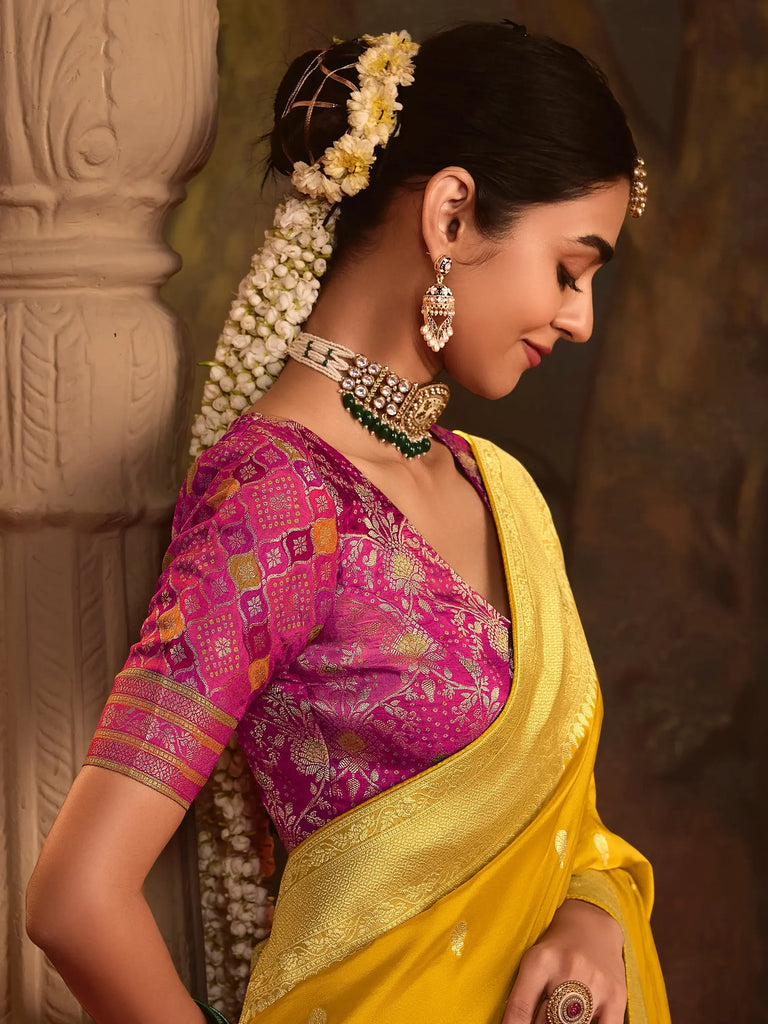 Attractive Mustard Yellow Zari Weaving Silk Haldi Wear Saree With Blouse