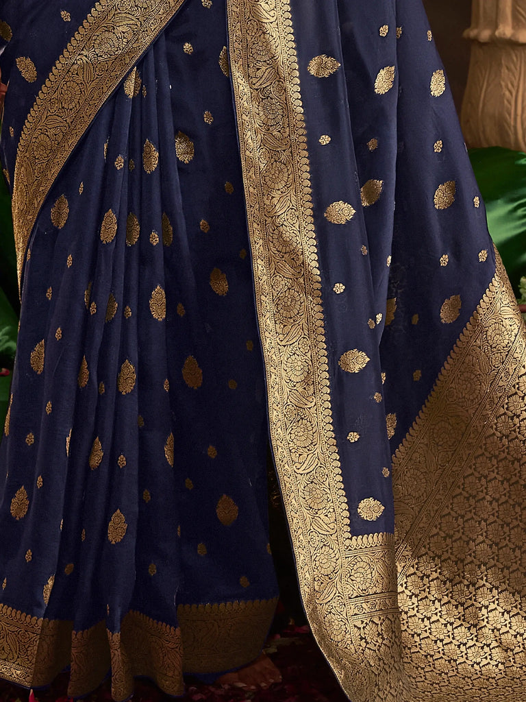 Beautiful Navy-Blue Zari Weaving Silk Wedding Wear Saree With Blouse