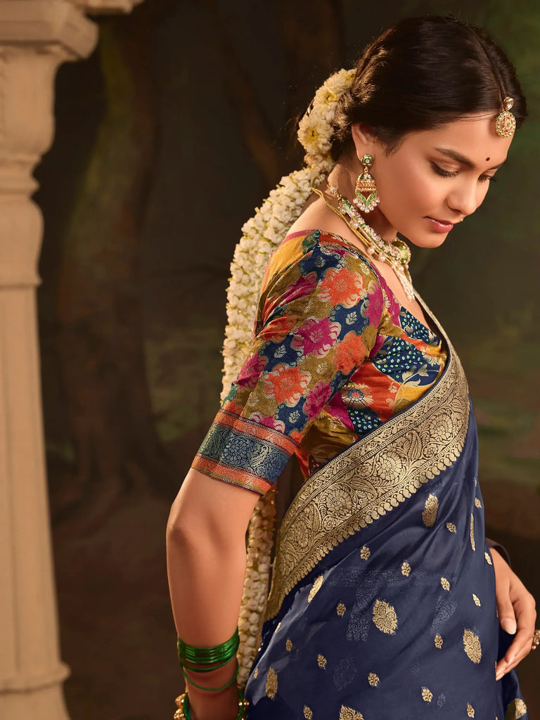 Beautiful Navy-Blue Zari Weaving Silk Wedding Wear Saree With Blouse