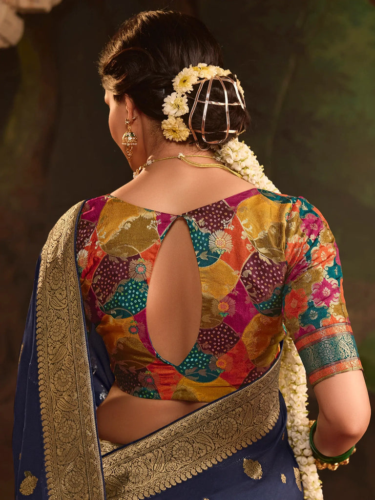 Beautiful Navy-Blue Zari Weaving Silk Wedding Wear Saree With Blouse