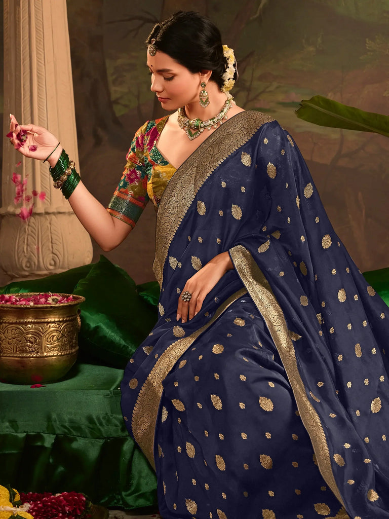 Beautiful Navy-Blue Zari Weaving Silk Wedding Wear Saree With Blouse