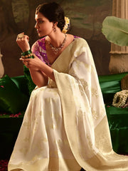 Astonishing Beige Zari Weaving Silk Traditional Saree With Blouse
