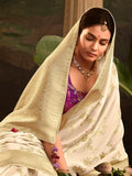 Astonishing Beige Zari Weaving Silk Traditional Saree With Blouse
