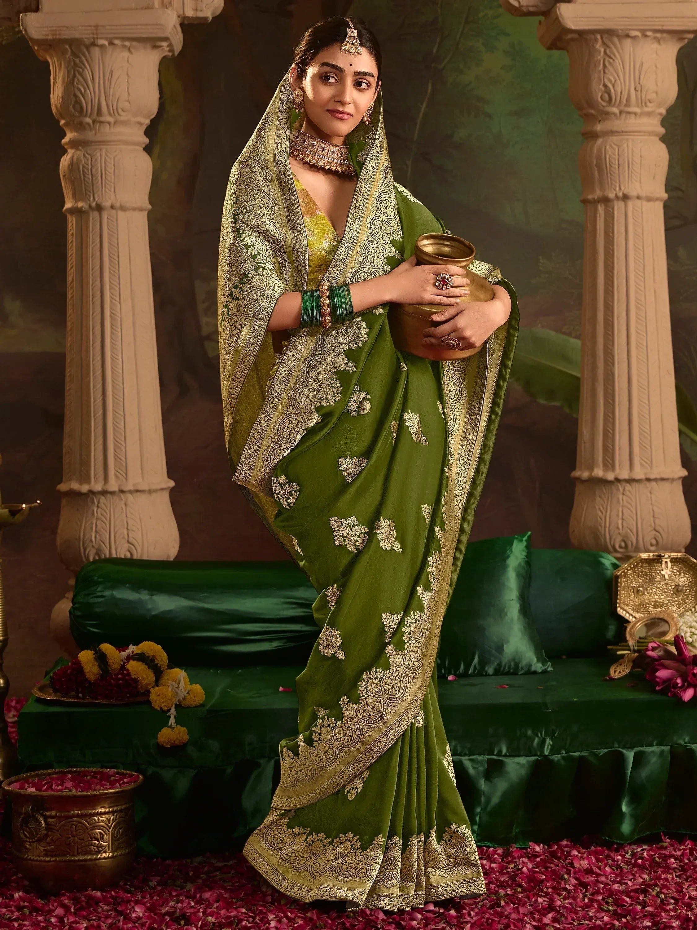 Elegant green saree with gold embroidery, traditional Indian ethnic wear for weddings and festivals