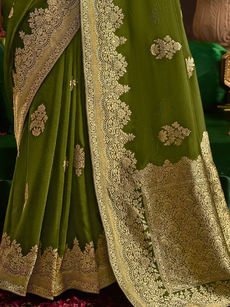 Charming Olive Green Zari Weaving Silk Mehendi Wear Saree With Blouse