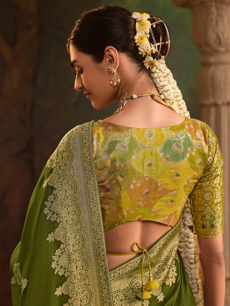 Charming Olive Green Zari Weaving Silk Mehendi Wear Saree With Blouse