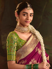 Fabulous Magenta Zari Weaving Silk Wedding Wear Saree With Blouse