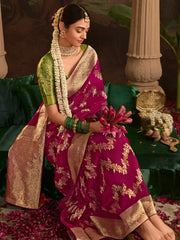 Fabulous Magenta Zari Weaving Silk Wedding Wear Saree With Blouse