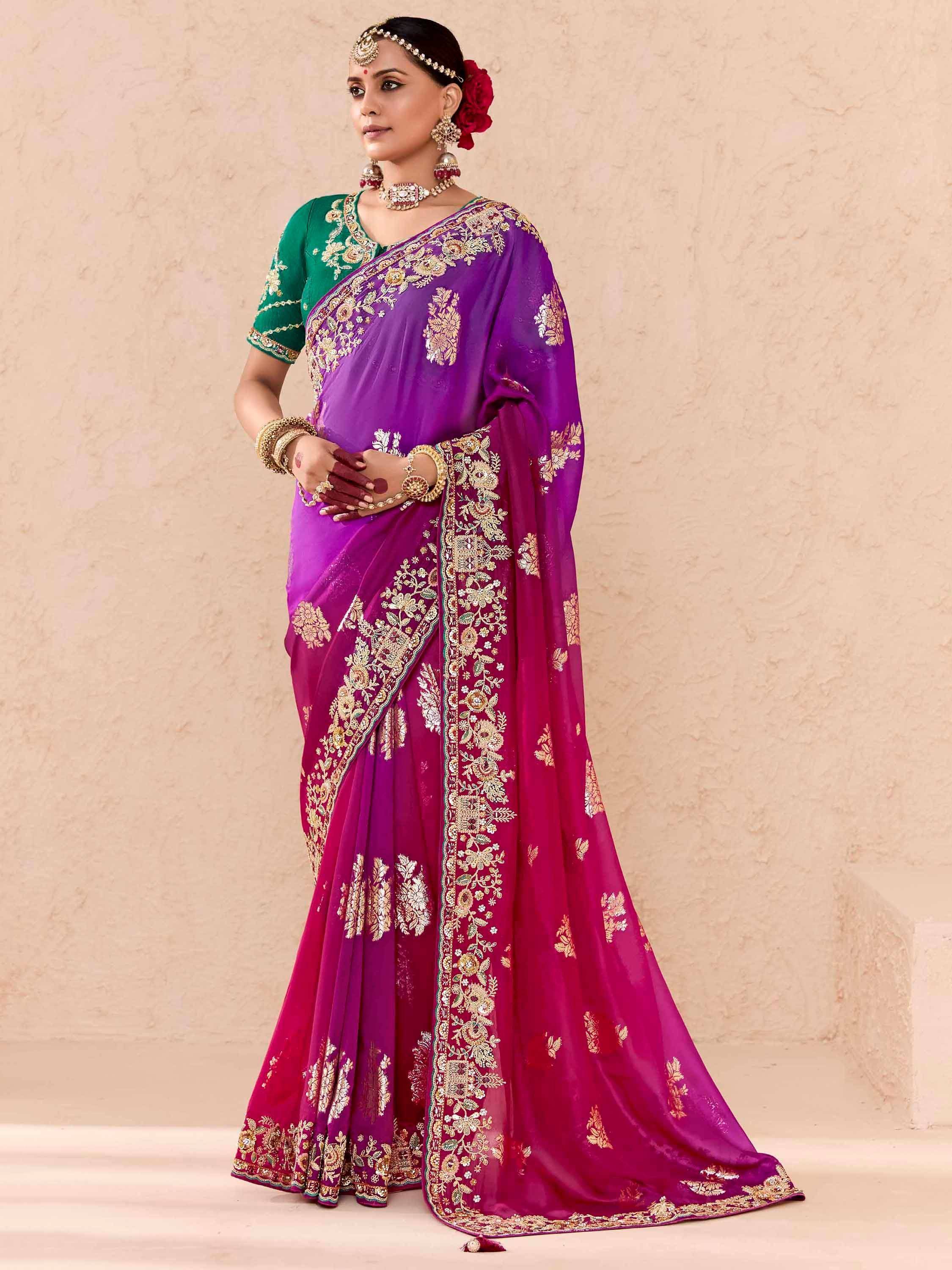 Purple and green embroidered saree with gold floral work, perfect for Indian ethnic occasions