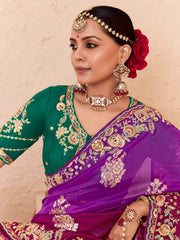 Tantalizing Purple Thread Embroidered Viscose Wedding Wear Saree