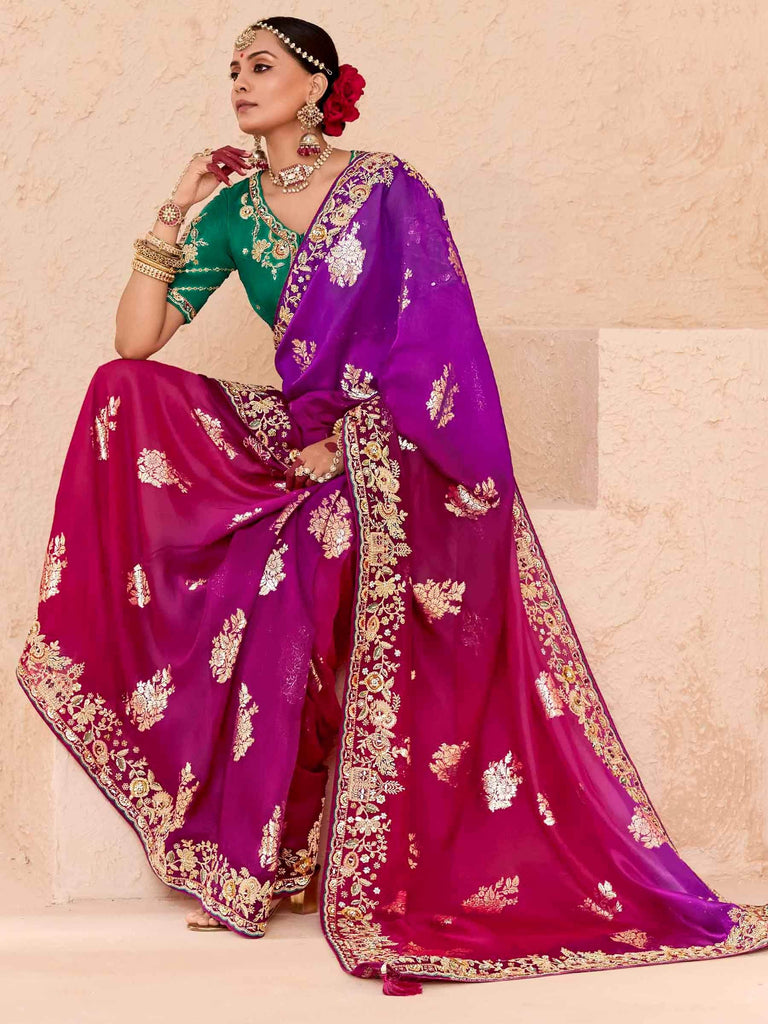 Tantalizing Purple Thread Embroidered Viscose Wedding Wear Saree