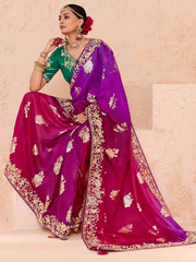 Tantalizing Purple Thread Embroidered Viscose Wedding Wear Saree