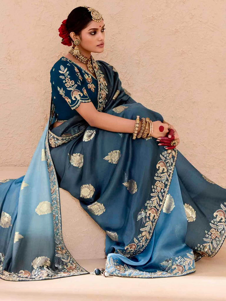 Beautiful Dusty Blue Embroidered Viscose Engagement Wear Saree