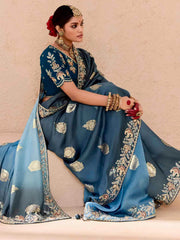 Beautiful Dusty Blue Embroidered Viscose Engagement Wear Saree