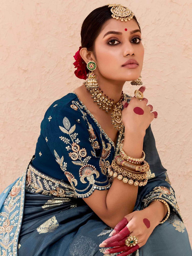 Beautiful Dusty Blue Embroidered Viscose Engagement Wear Saree