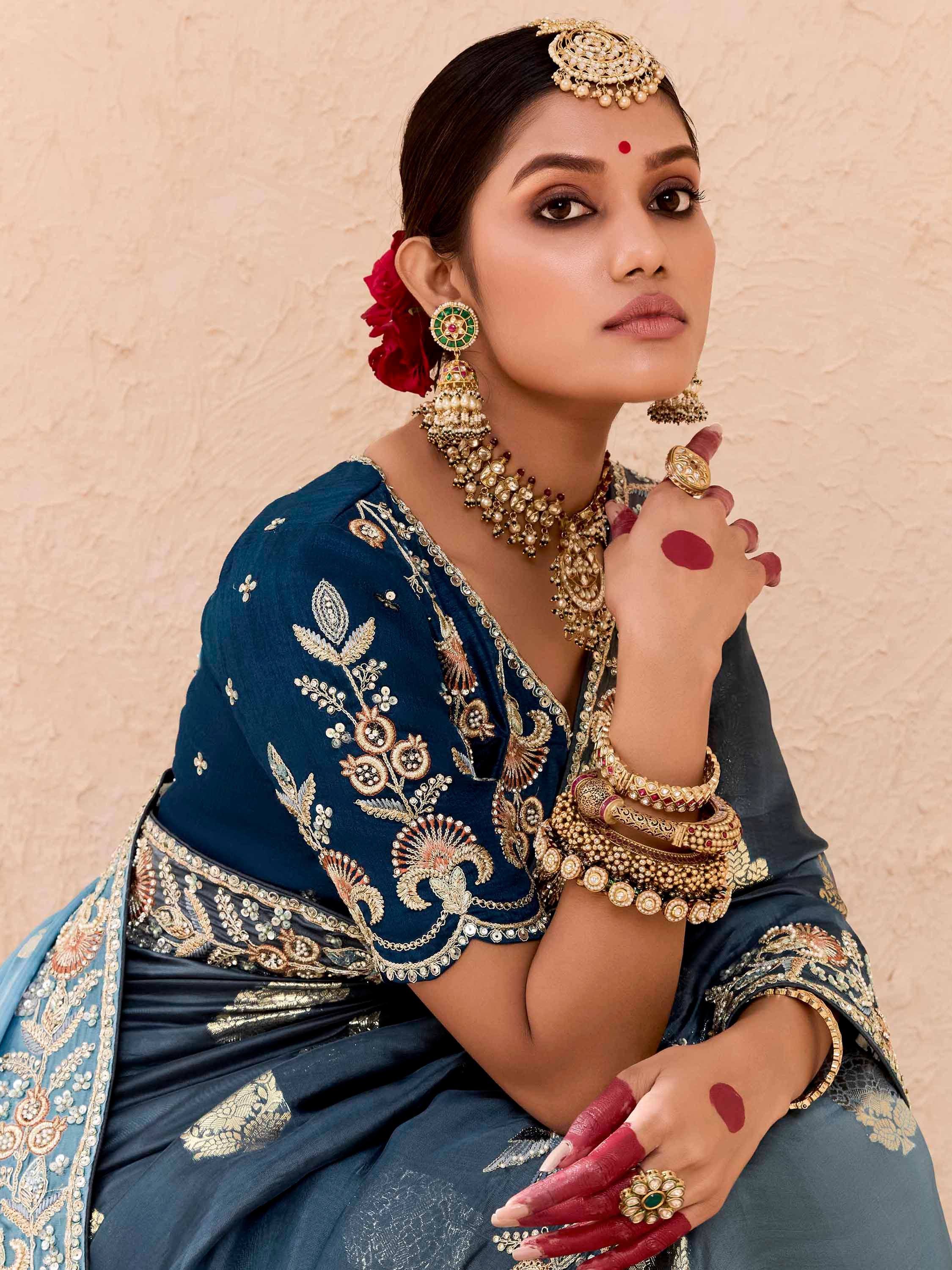 Beautiful Dusty Blue Embroidered Viscose Engagement Wear Saree