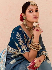Beautiful Dusty Blue Embroidered Viscose Engagement Wear Saree