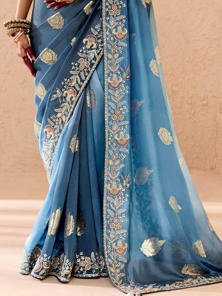 Beautiful Dusty Blue Embroidered Viscose Engagement Wear Saree