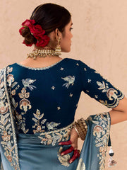 Beautiful Dusty Blue Embroidered Viscose Engagement Wear Saree