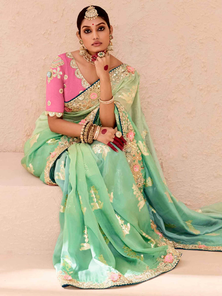 Incredible Pista Green Embroidered Viscose Saree With Blouse