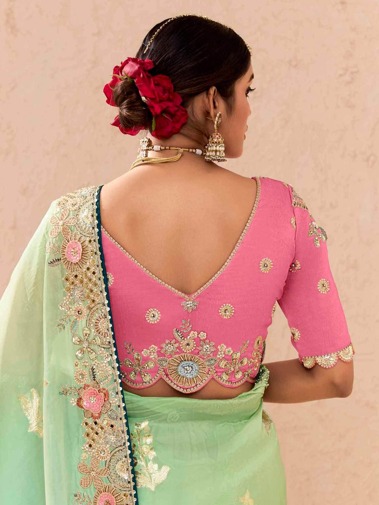 Incredible Pista Green Embroidered Viscose Saree With Blouse
