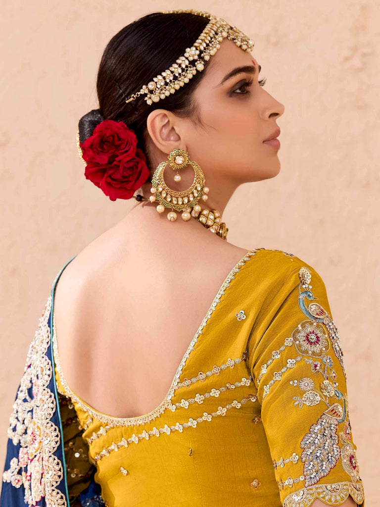 Astonishing Blue Embroidered Viscose Wedding Wear Saree With Blouse