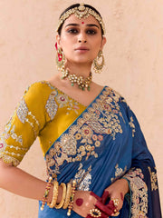 Astonishing Blue Embroidered Viscose Wedding Wear Saree With Blouse
