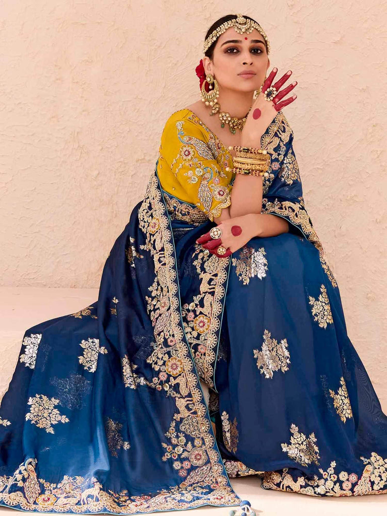 Astonishing Blue Embroidered Viscose Wedding Wear Saree With Blouse