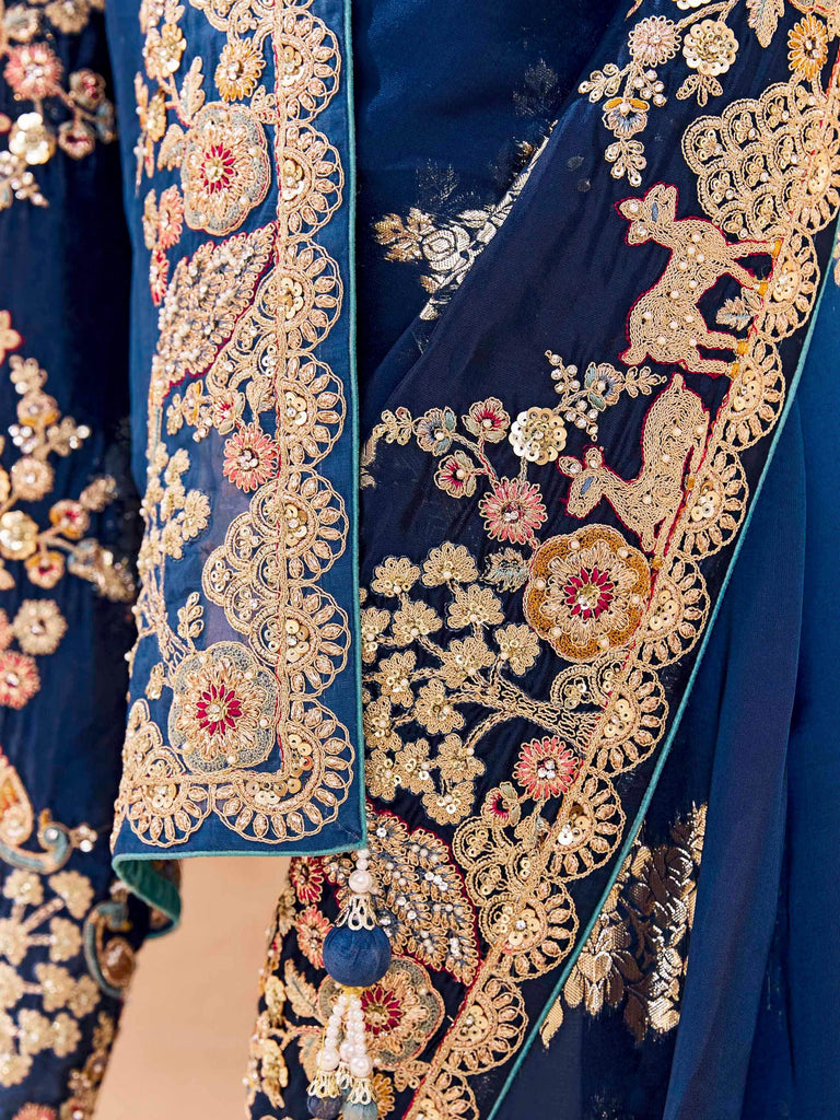 Astonishing Blue Embroidered Viscose Wedding Wear Saree With Blouse