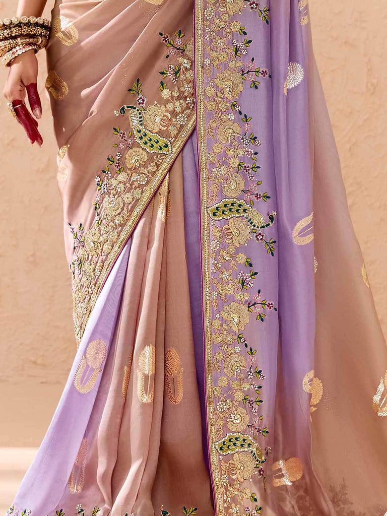 Dazzling Ivory Embroidered Viscose Engagement Wear Saree With Blouse