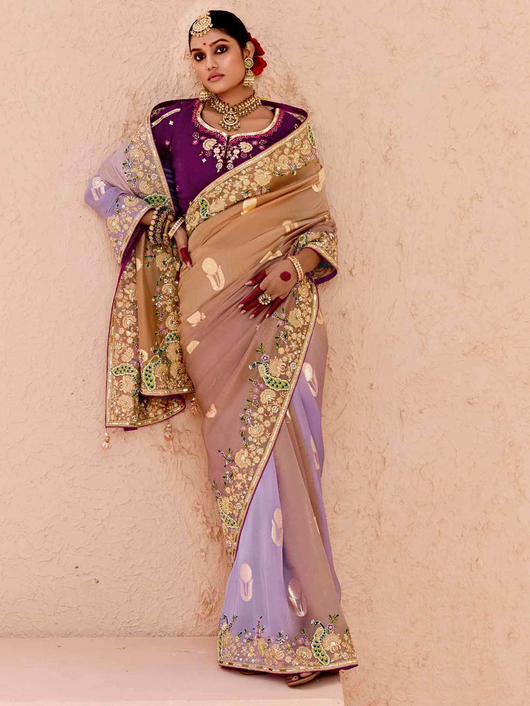 Dazzling Ivory Embroidered Viscose Engagement Wear Saree With Blouse