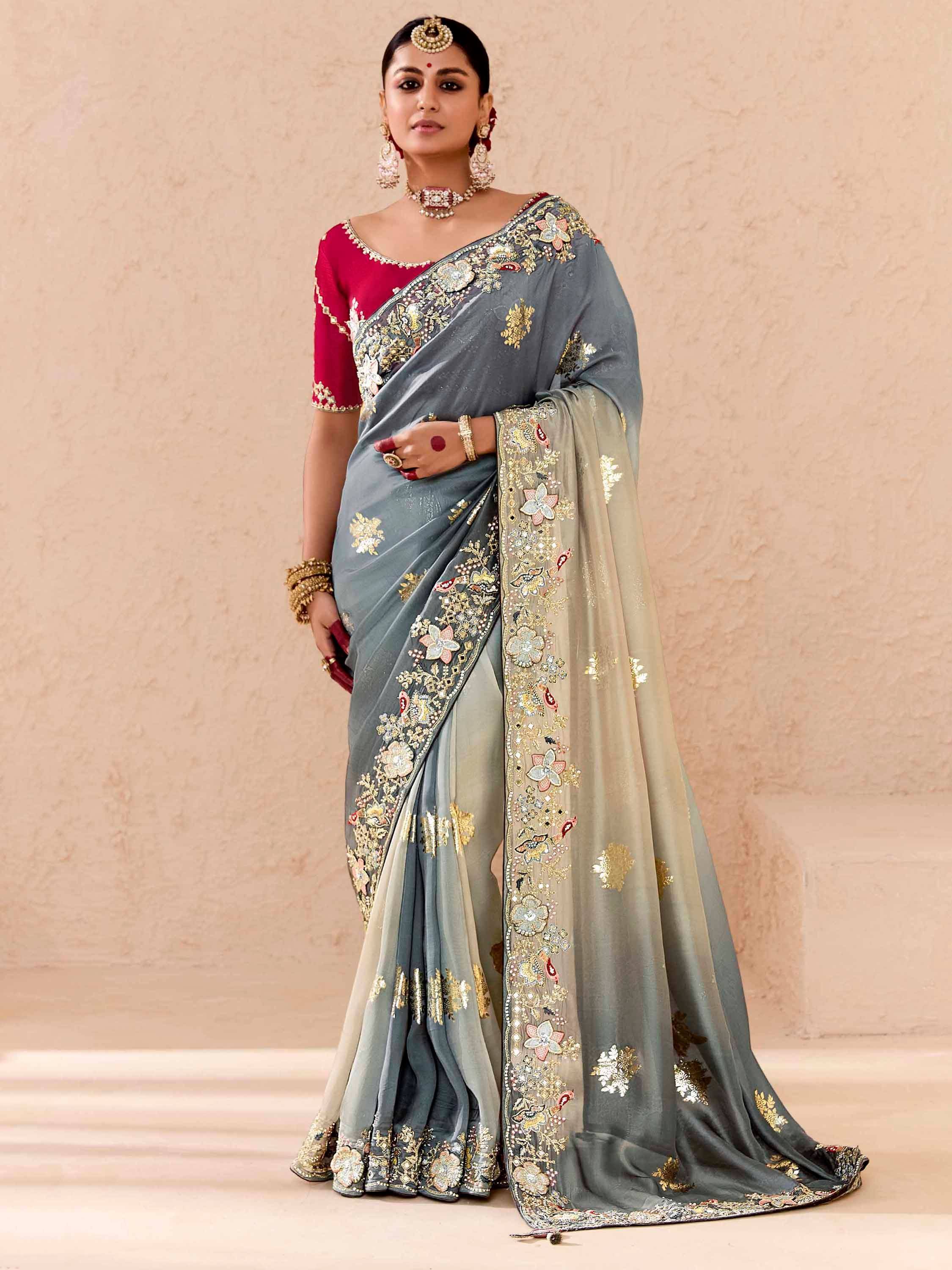 Grey floral embroidered saree with red blouse, perfect for Indian ethnic occasions and weddings.