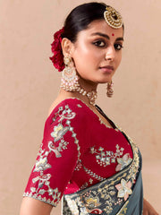Magnetic Grey Embroidered Viscose Reception Wear Saree With Blouse