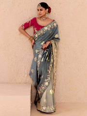 Magnetic Grey Embroidered Viscose Reception Wear Saree With Blouse