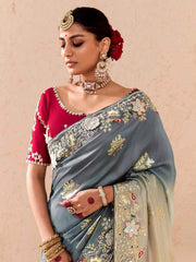 Magnetic Grey Embroidered Viscose Reception Wear Saree With Blouse