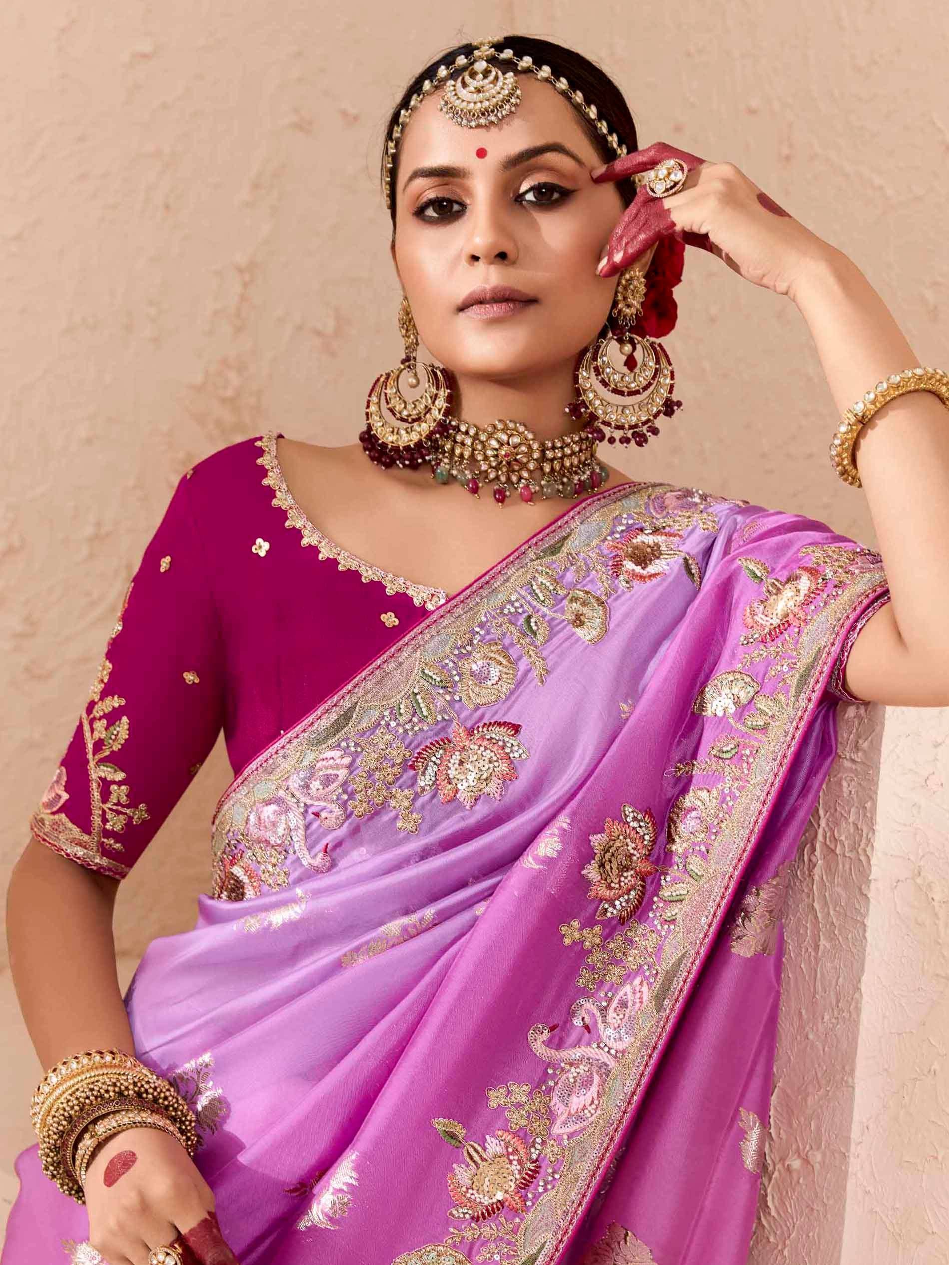 Attractive Purple Embroidered Viscose Engagement Wear Saree