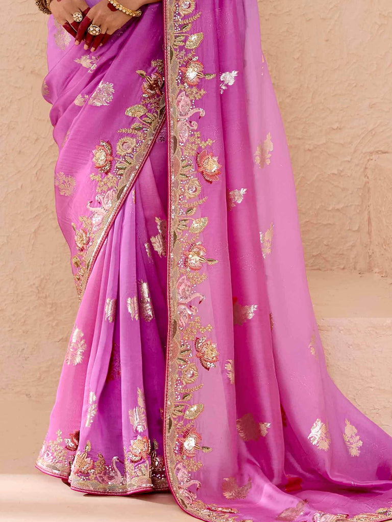 Attractive Purple Embroidered Viscose Engagement Wear Saree