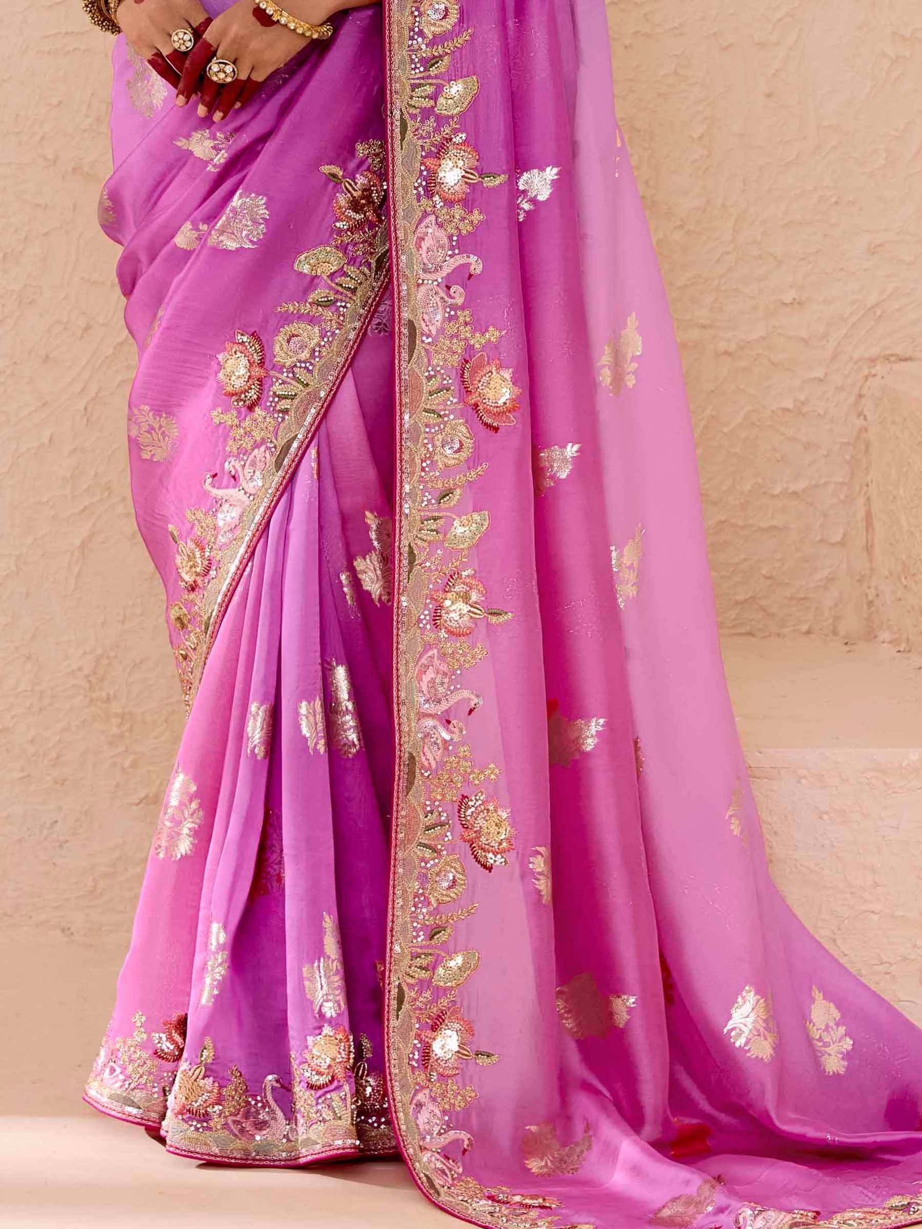 Attractive Purple Embroidered Viscose Engagement Wear Saree