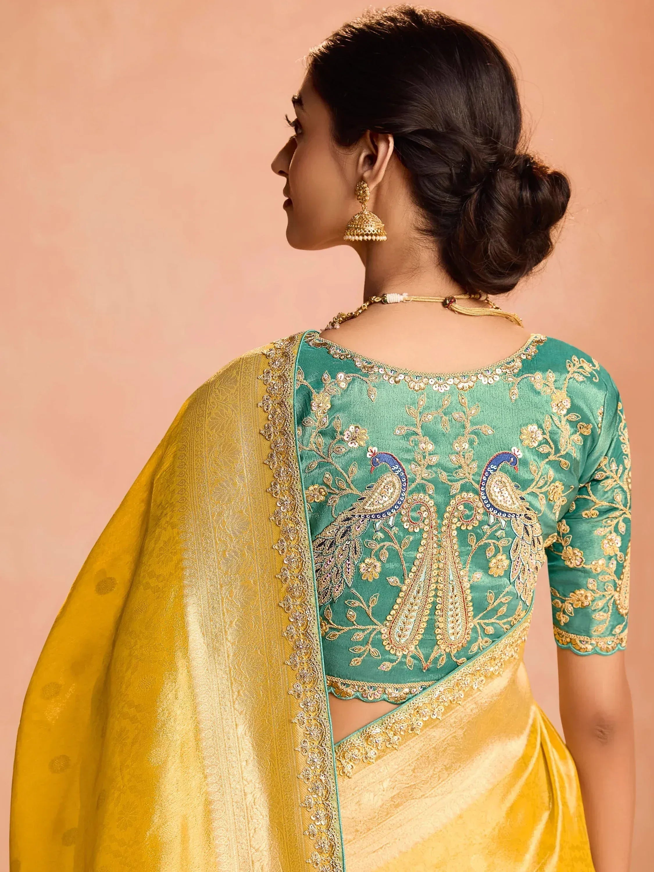 Teal and gold embroidered saree with peacock design, Indian ethnic wear