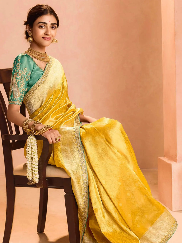 Beautiful Yellow Zari Weaving Silk Haldi Wear Saree With Blouse