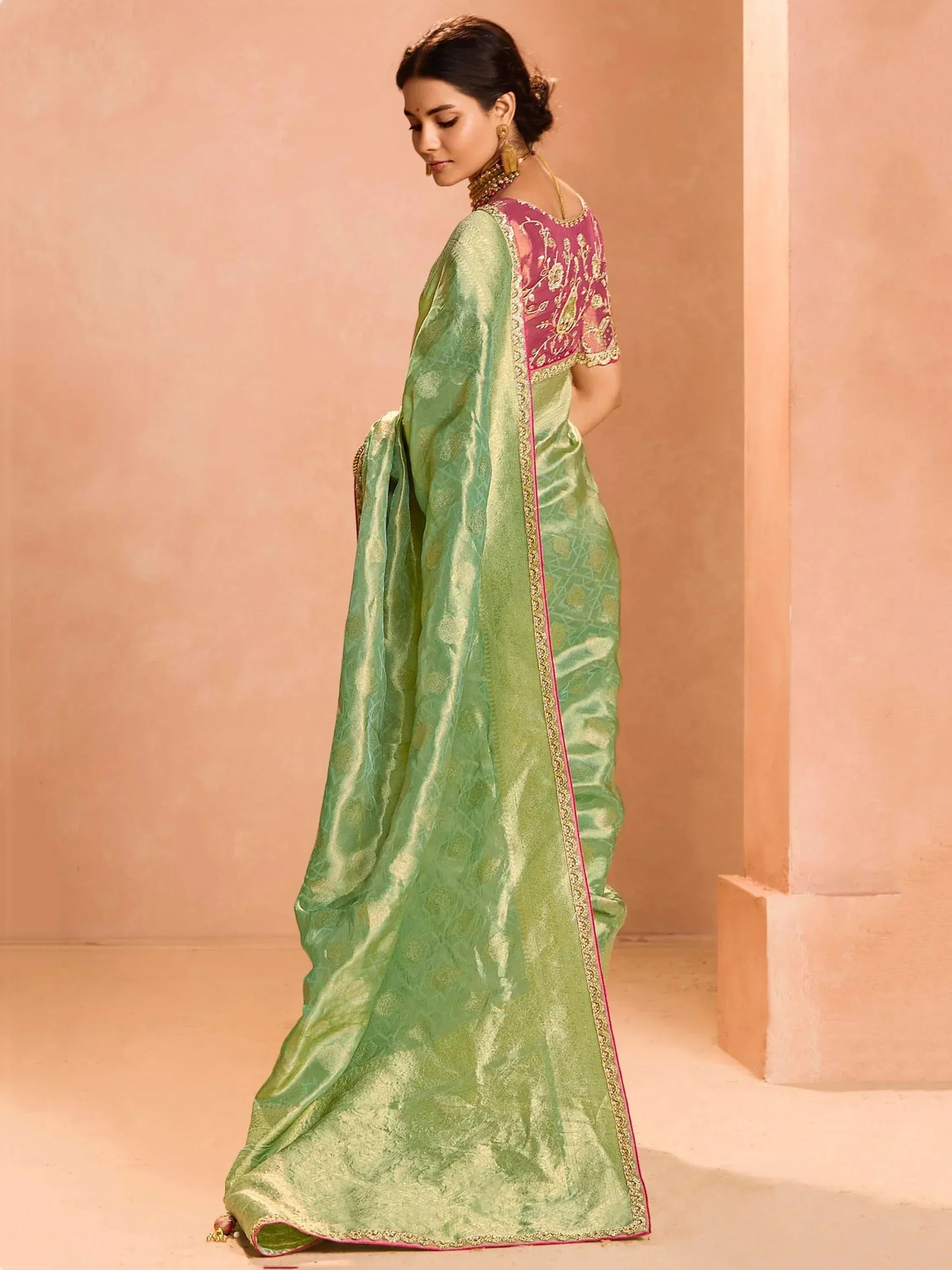 Green silk saree with pink embroidered blouse, ethnic Indian wear for women
