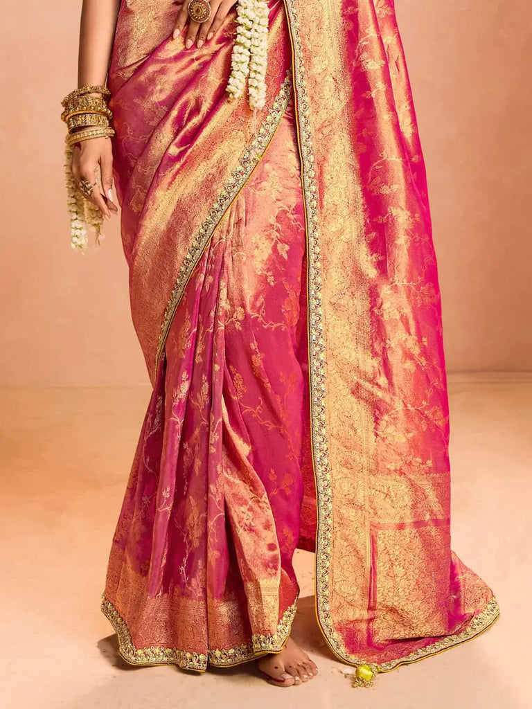 Fabulous Coral Red Zari Weaving Silk Wedding Saree With Blouse