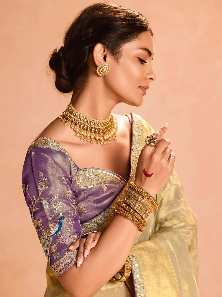 Mesmerizing Ivory Zari Weaving Silk Wedding Saree With Blouse